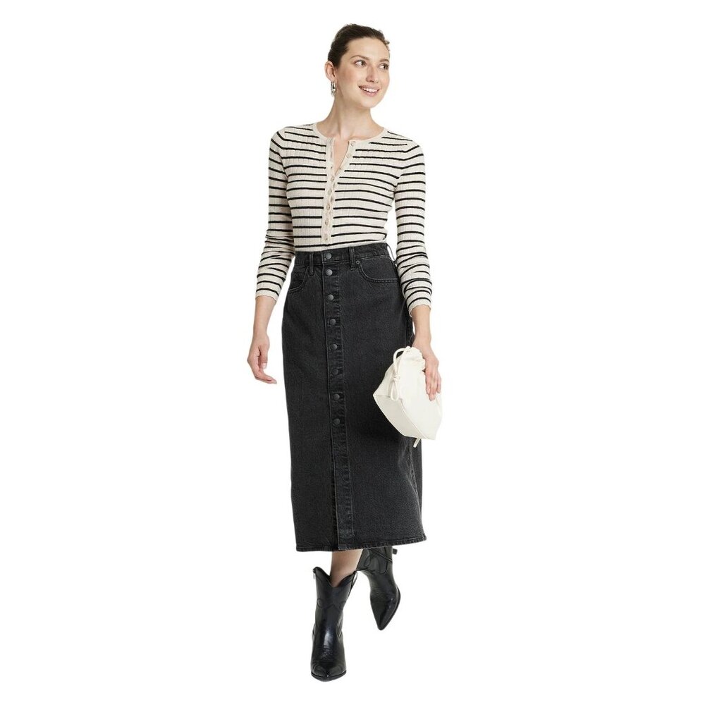 NWT Universal Thread Women's Size 16 Black A-line Midi Denim High Rise Skirt - Picture 3 of 13